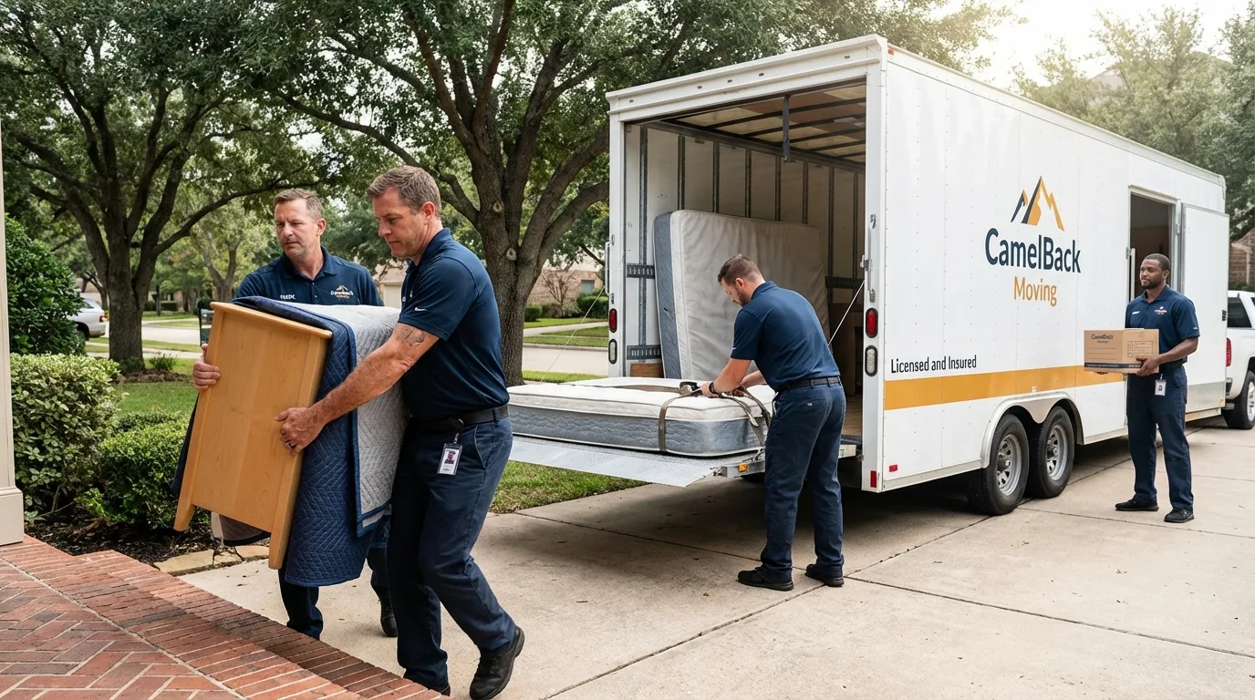 Crew loading residential truck for cross-state move from Perkins, OK
