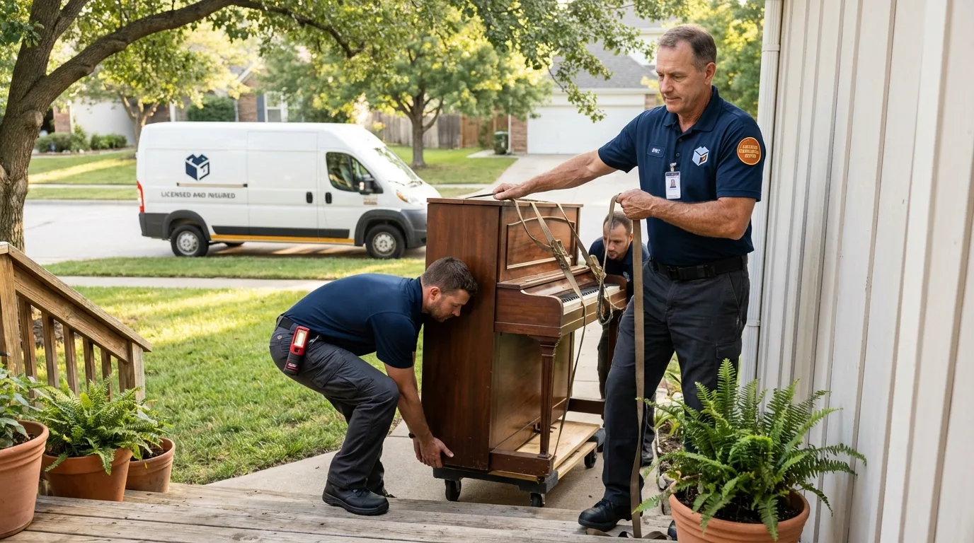 Licensed piano movers securing grand piano in Perkins, OK
