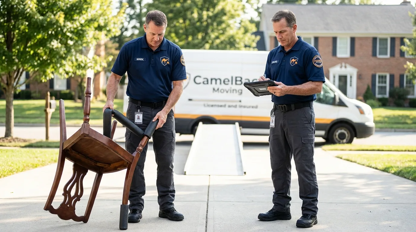 Movers inspecting furniture for damage prevention before loading in Perkins, OK