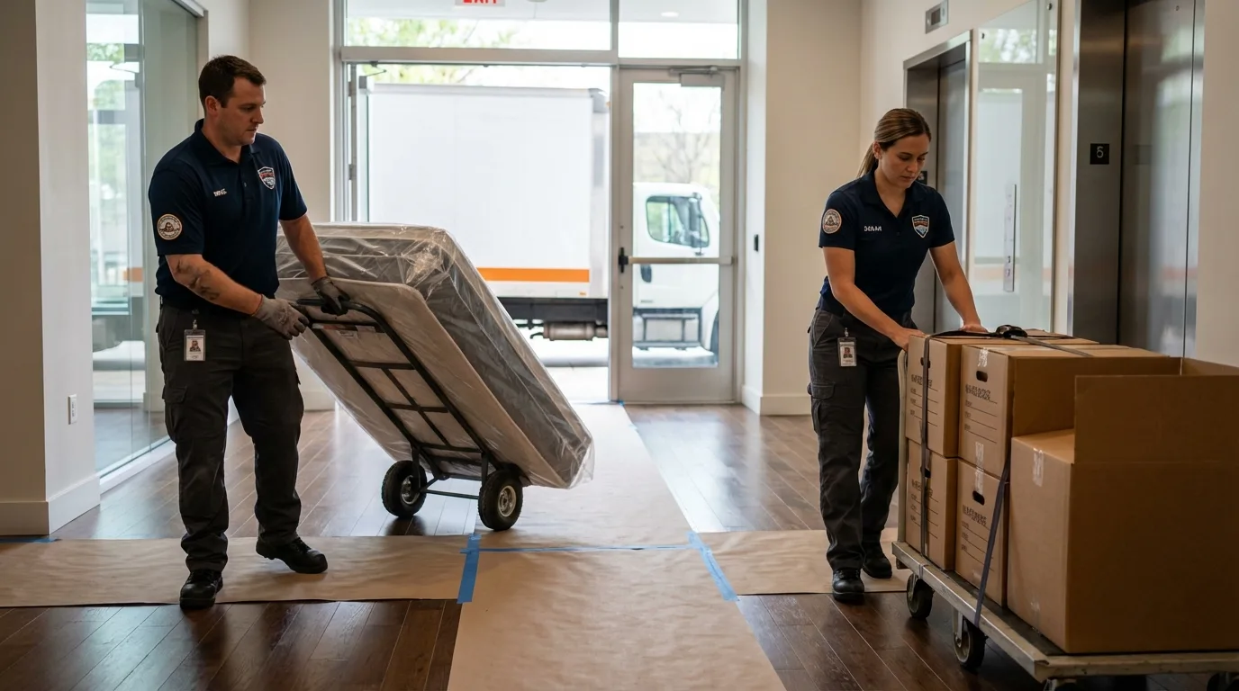 Professional apartment movers loading elevator in Perkins, OK