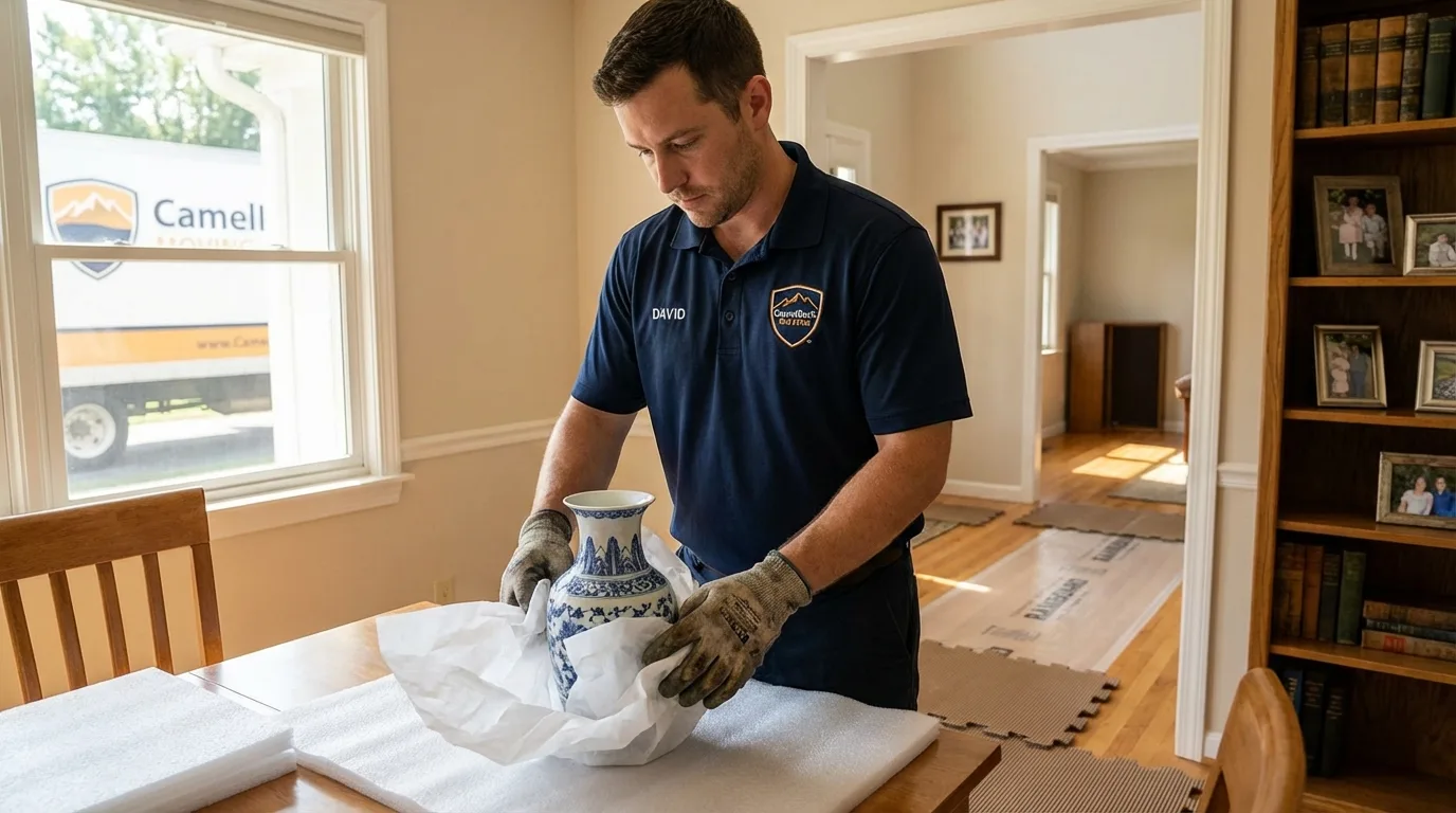 Professional crew carefully wrapping antique vase for senior downsizing move in Perkins, OK